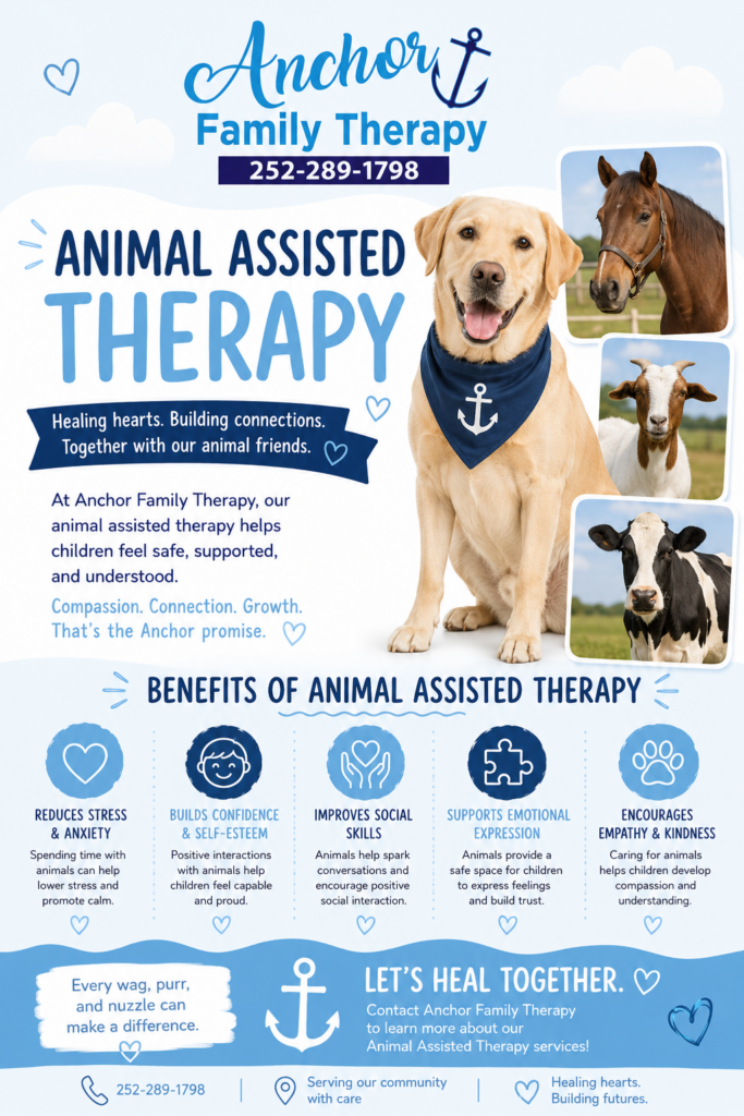 Flyer for animal assisted therapy in Kenly, NC with pictures of dog, horse, cow, and goat.